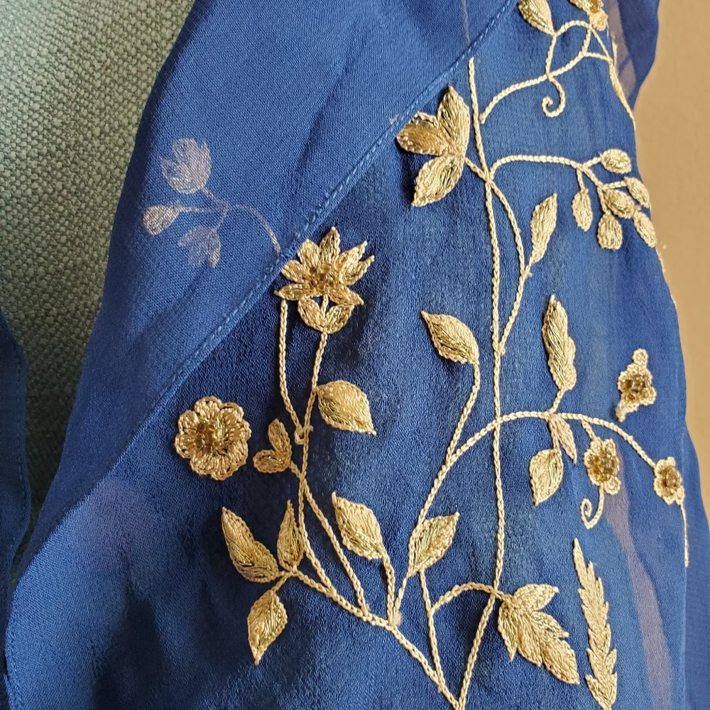 VINTAGE NWOT Royal Blue Semi Sheer, Gold Embroider